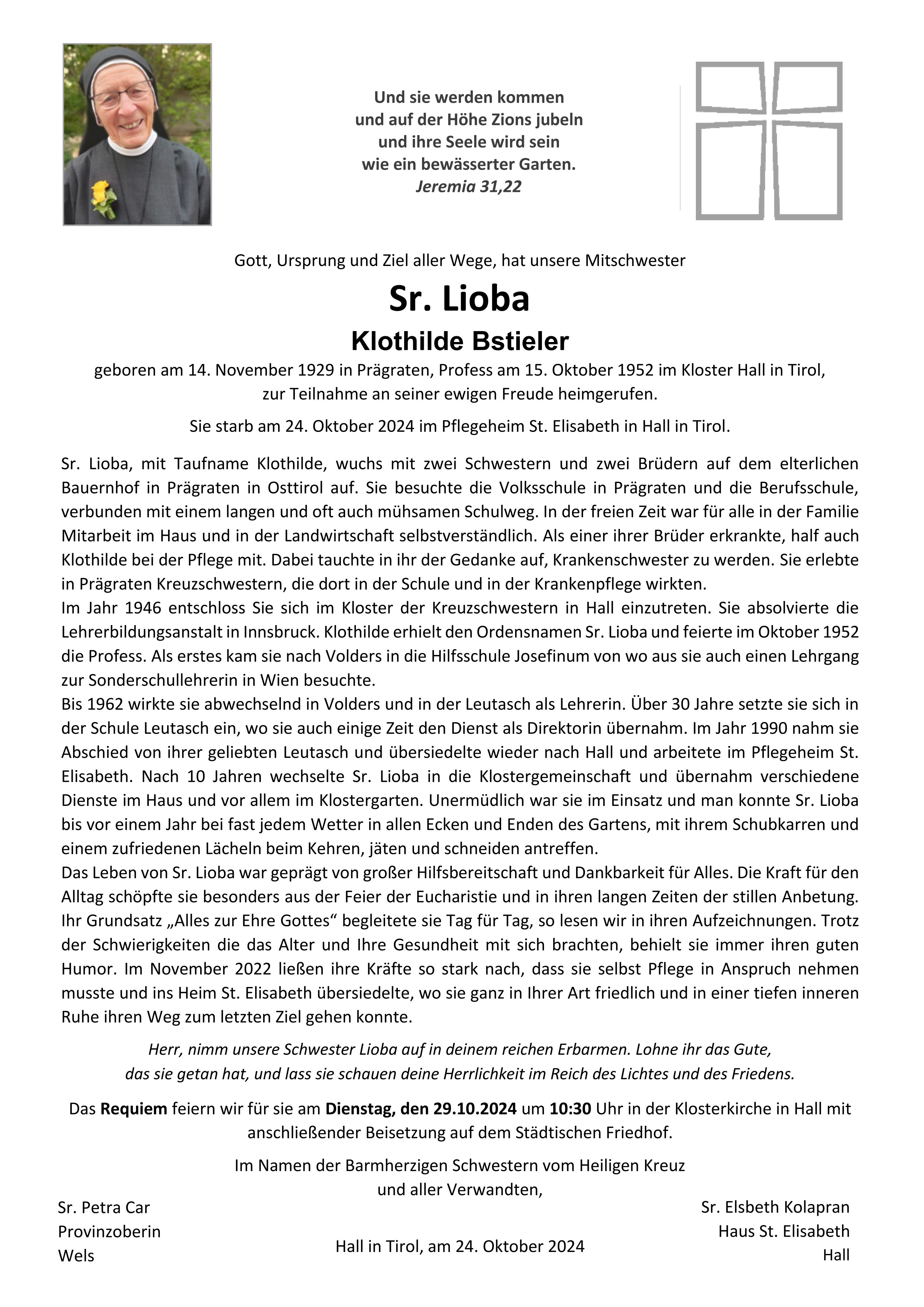 Sr. Lioba Klothilde Bstieler